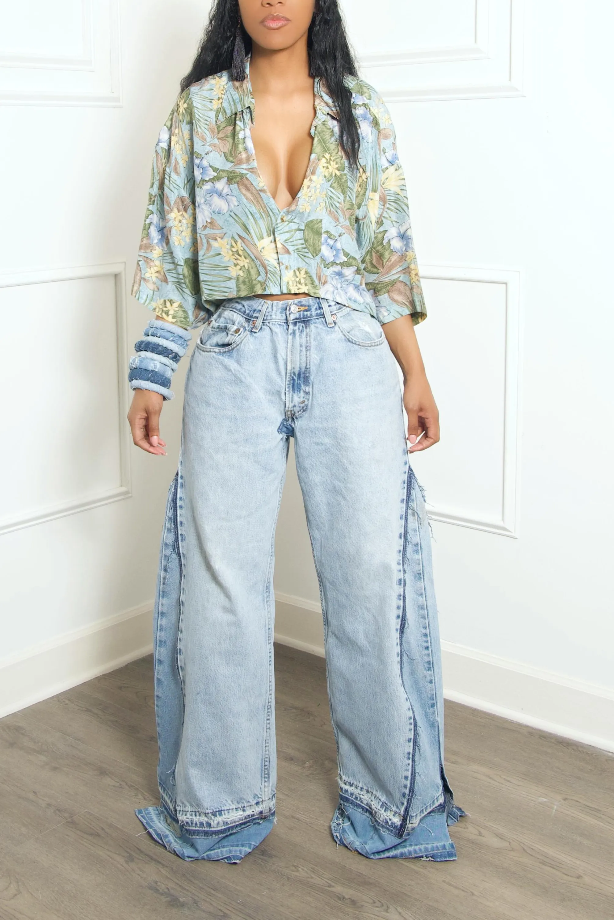 Botanical silk Print Cut off Crop Button Up