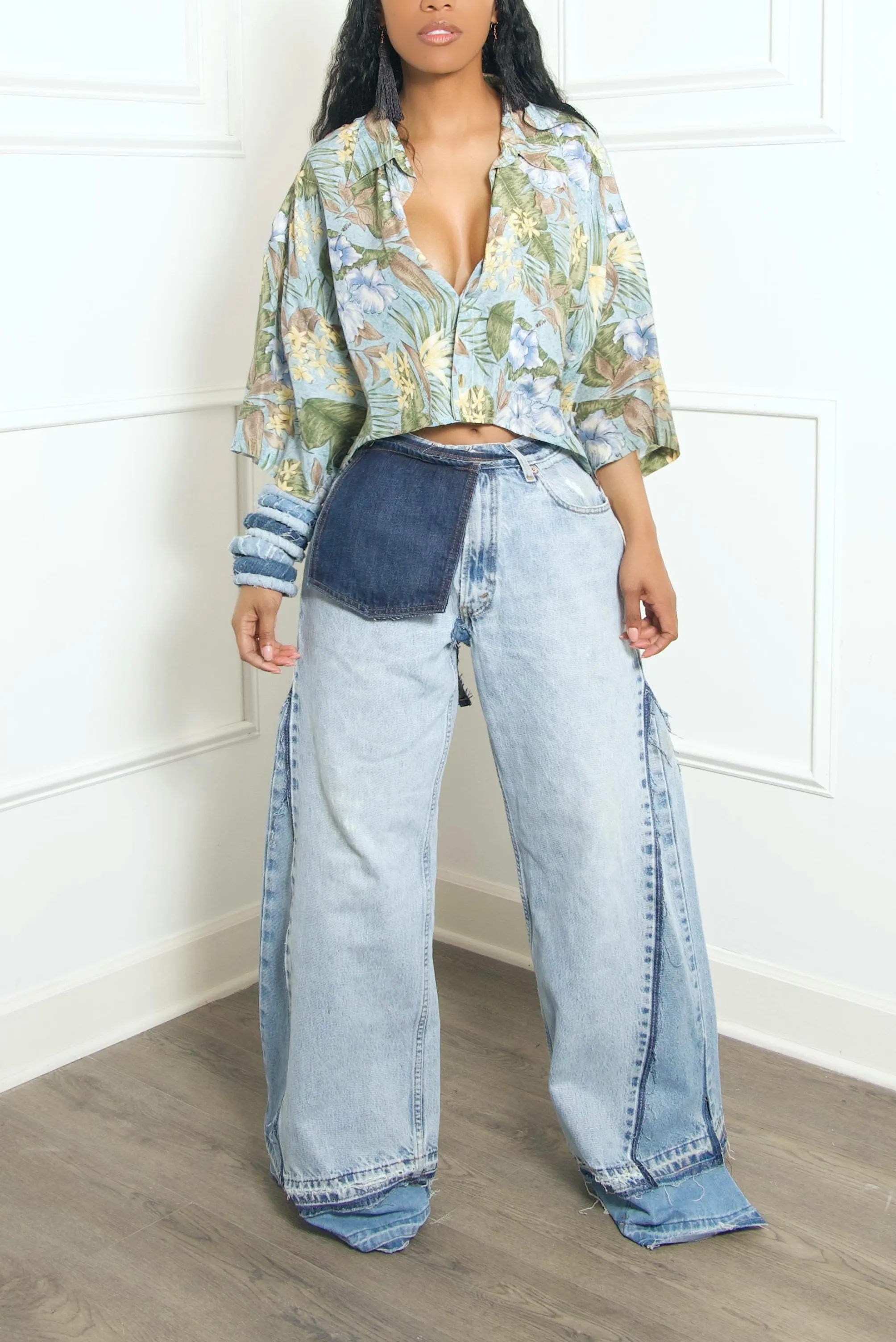 Botanical silk Print Cut off Crop Button Up