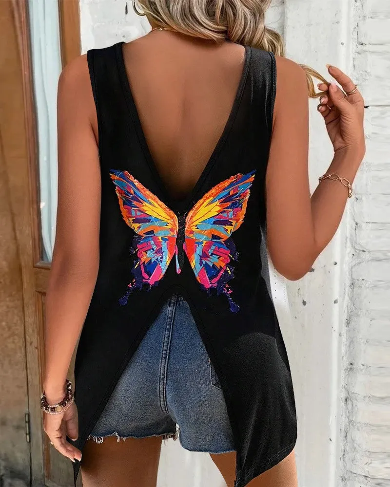 Butterfly Print V Neck Tank Top