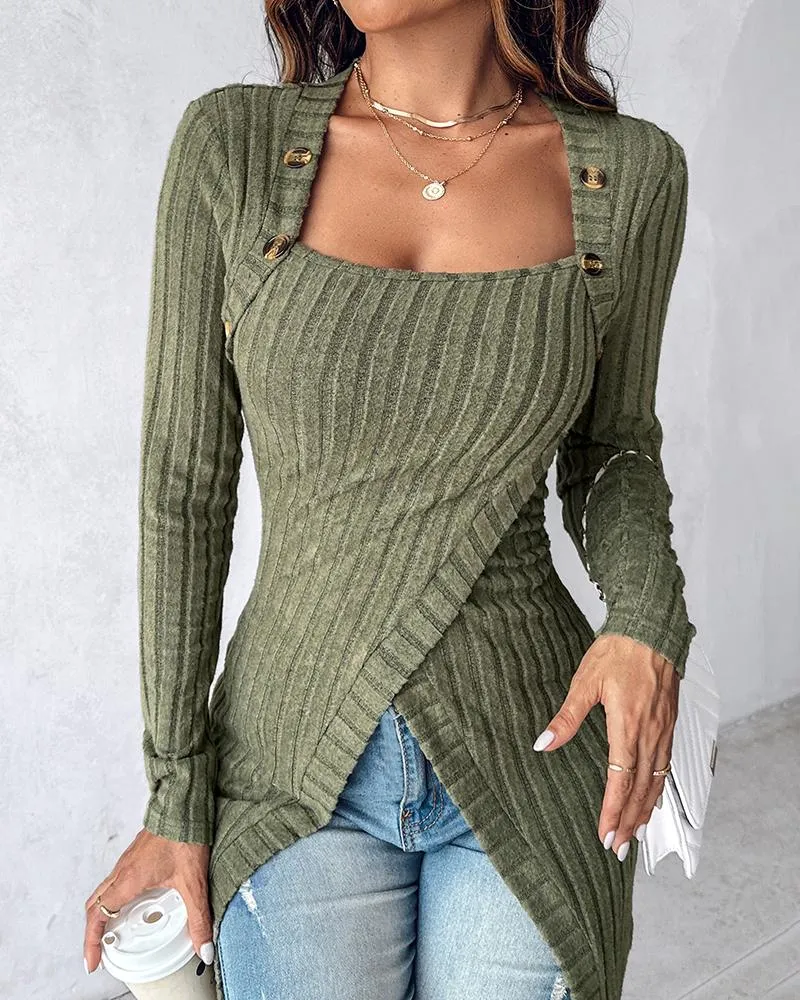 Buttoned Slit Asymmetrical Neck Knit Top