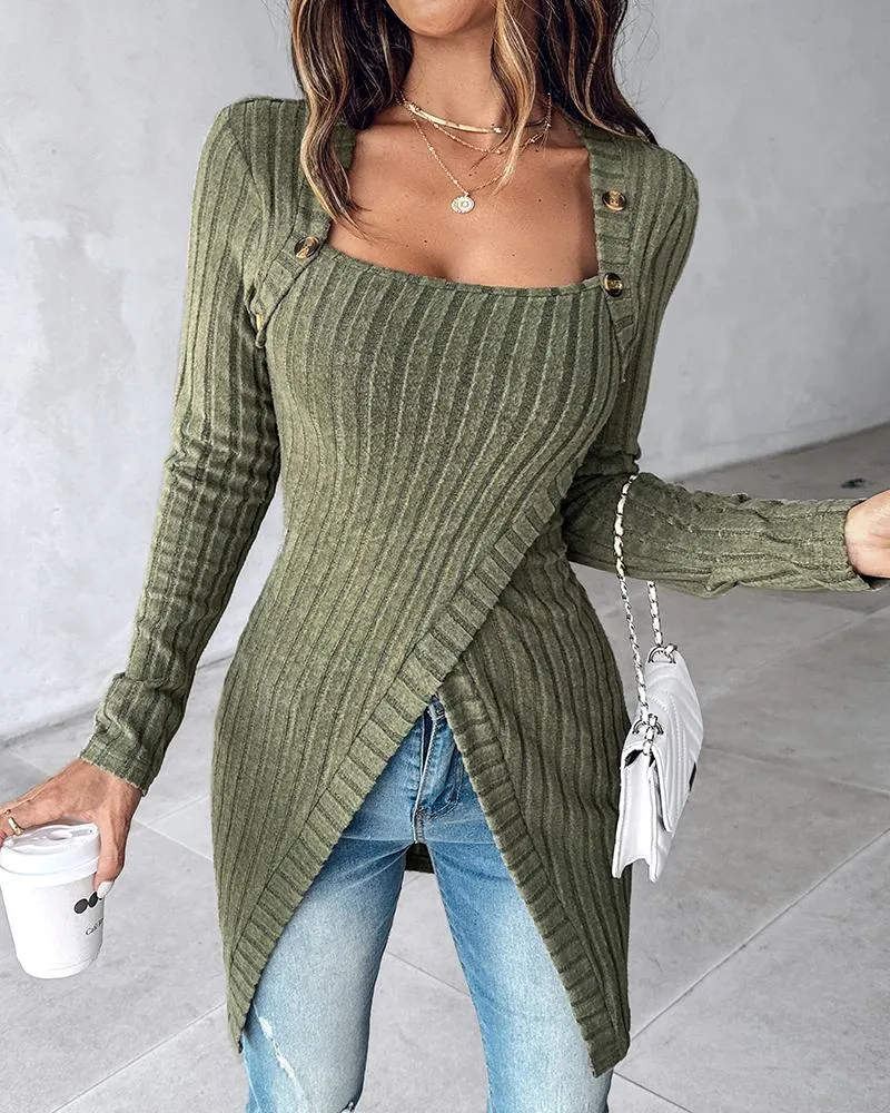 Buttoned Slit Asymmetrical Neck Knit Top