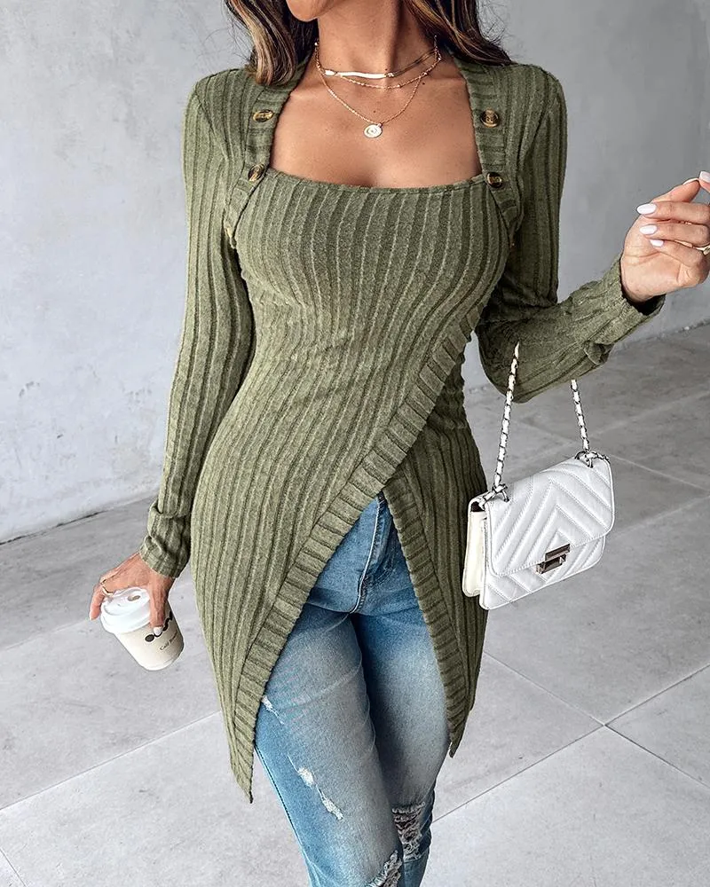 Buttoned Slit Asymmetrical Neck Knit Top