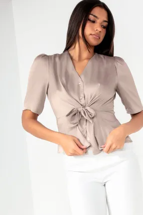 Caryn Champagne Satin Tie Front Top