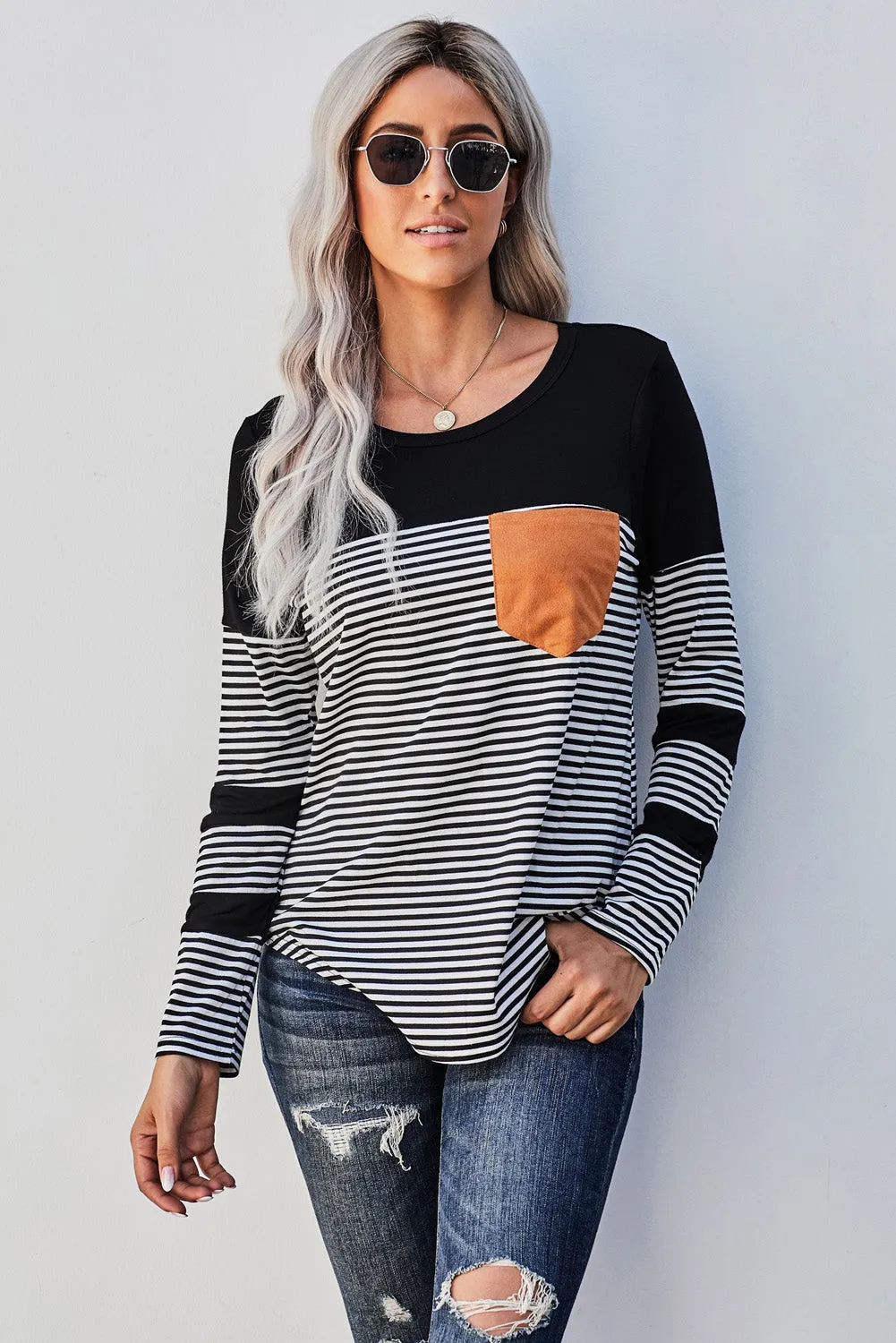 Casual Black Striped Pinstripe Patch Pocket Long Sleeve Top