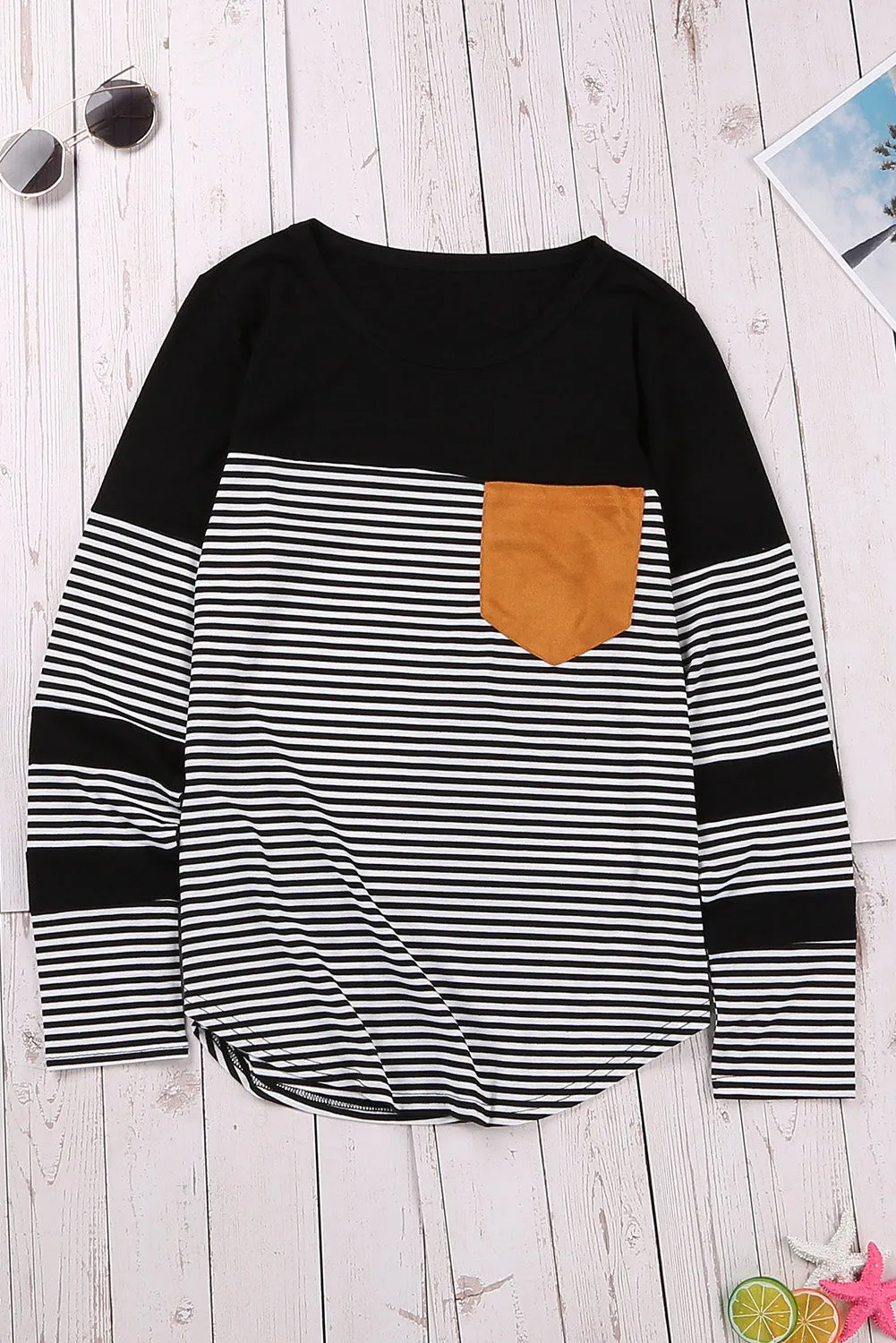 Casual Black Striped Pinstripe Patch Pocket Long Sleeve Top