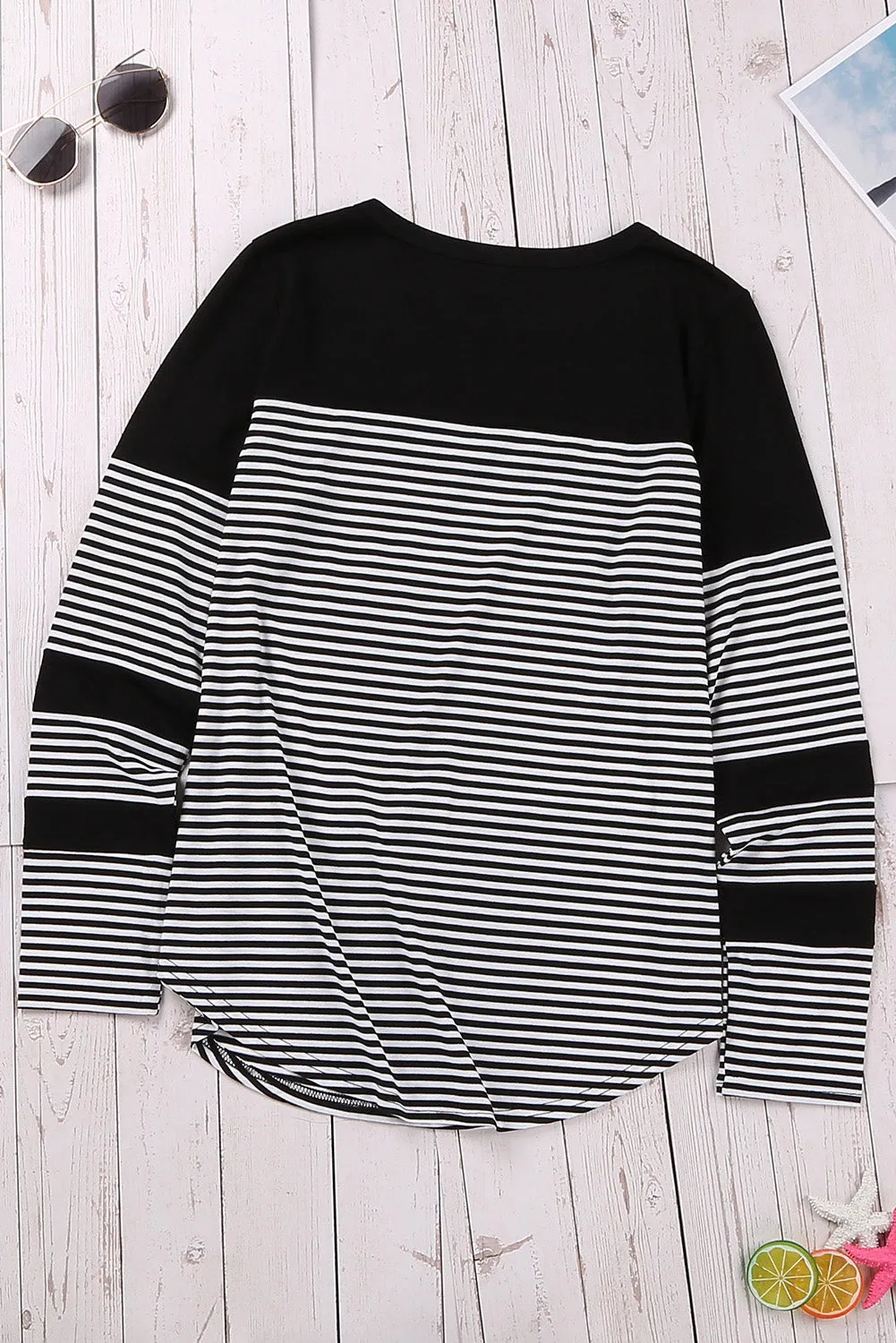 Casual Black Striped Pinstripe Patch Pocket Long Sleeve Top