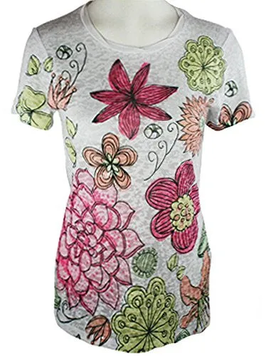 Colorful Flower Print Top with Sequin Highlights, Round Neck, Short Sleeves