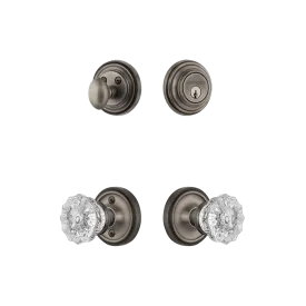 Classic Rosette Entry Set with Crystal Knob in Antique Pewter