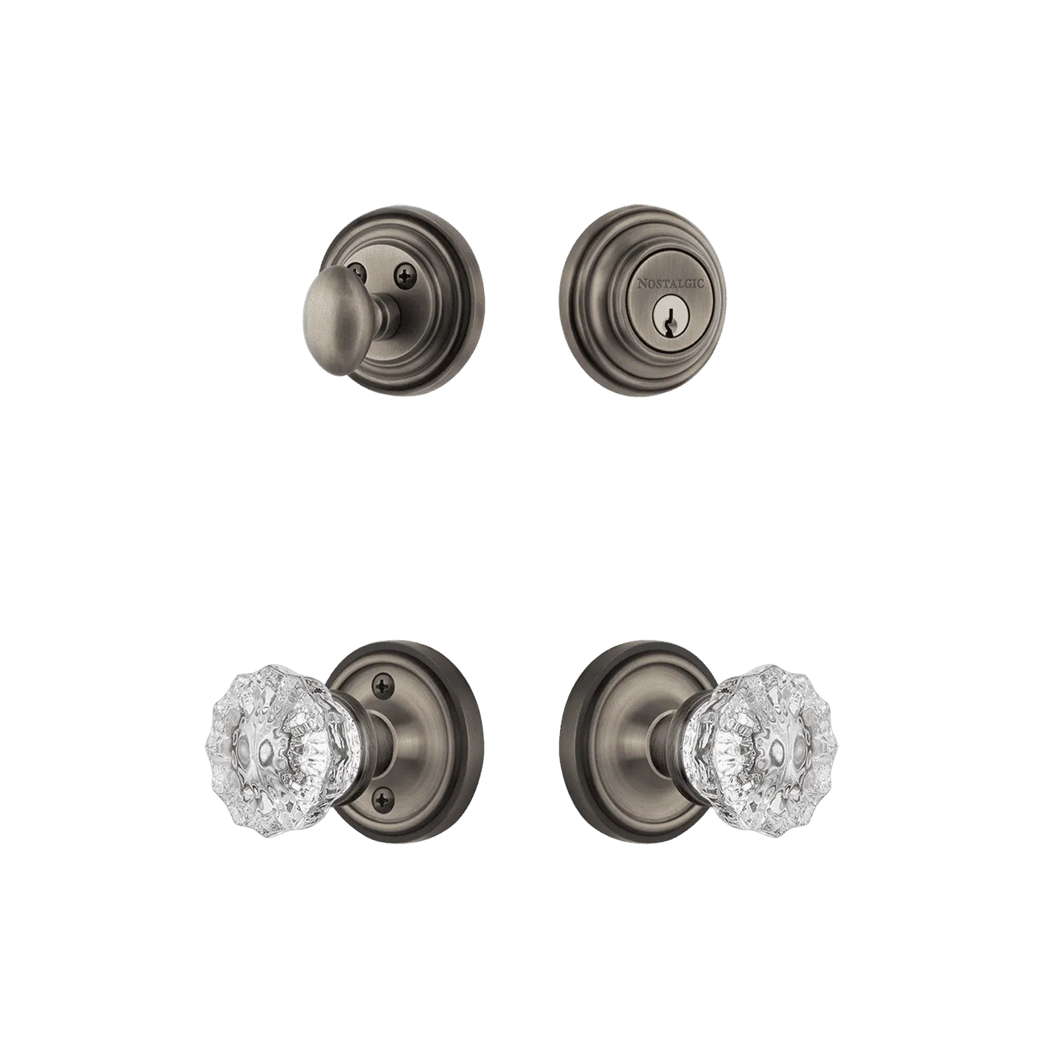 Classic Rosette Entry Set with Crystal Knob in Antique Pewter