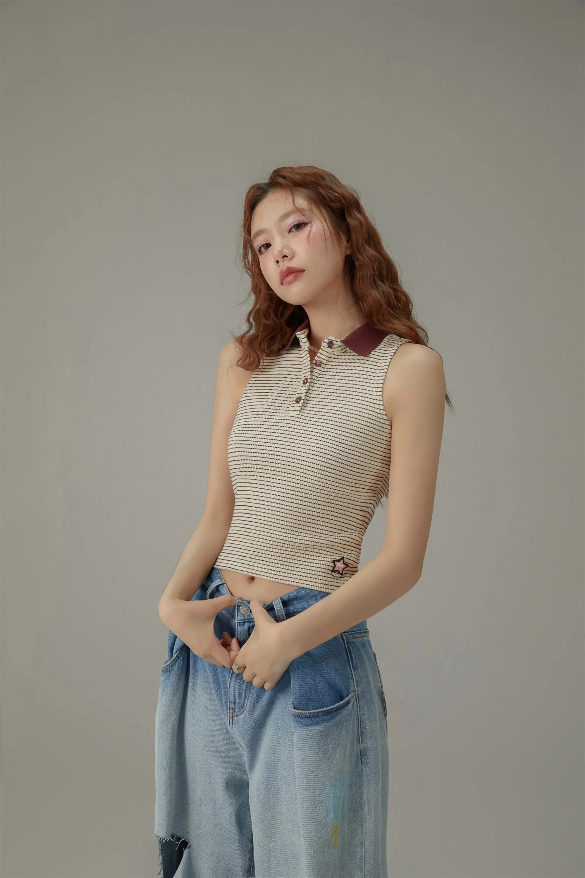 Collar Stripe Sleeveless Top