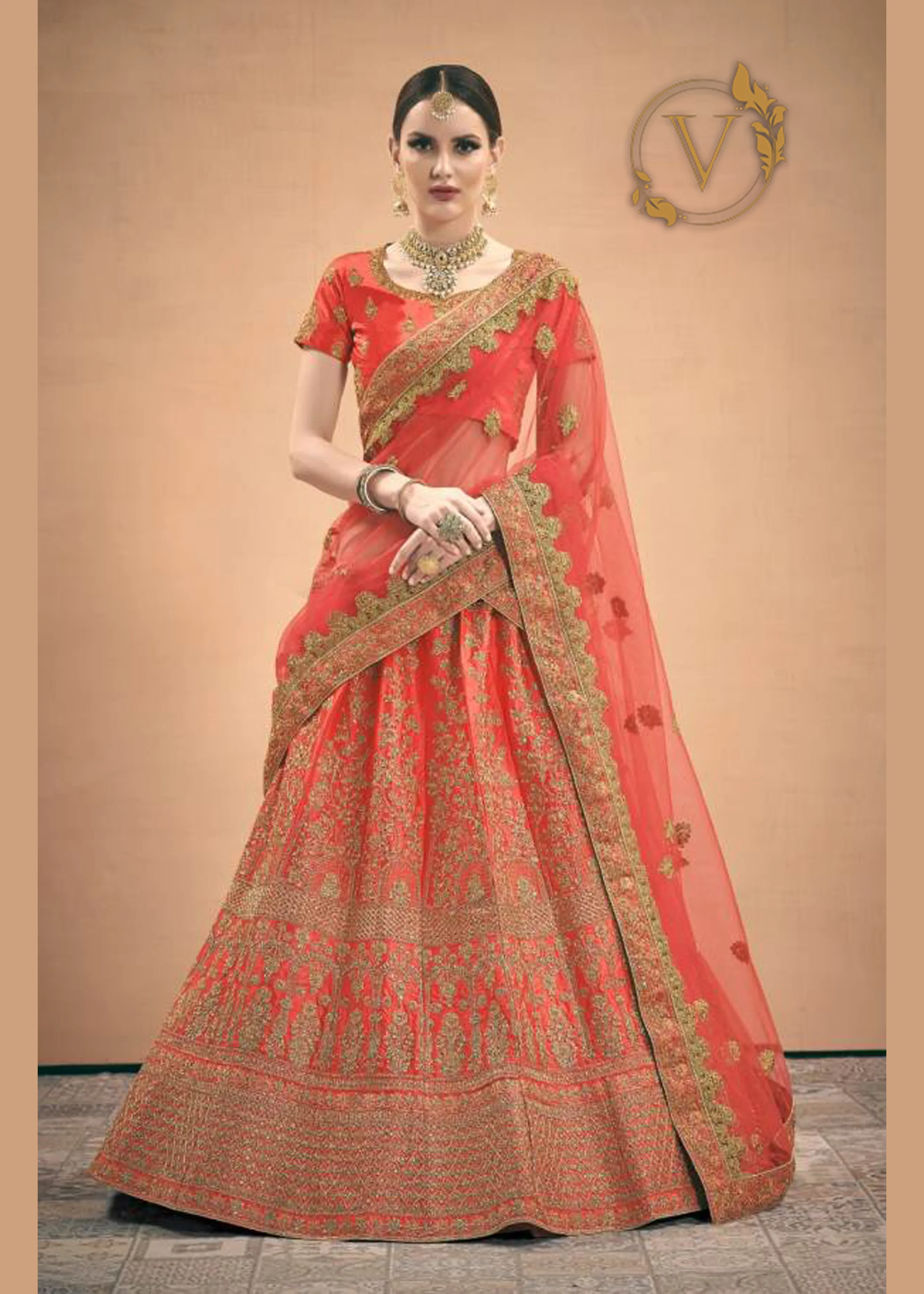 Coral Red Embroidered Satin Lehenga Choli With Dupatta