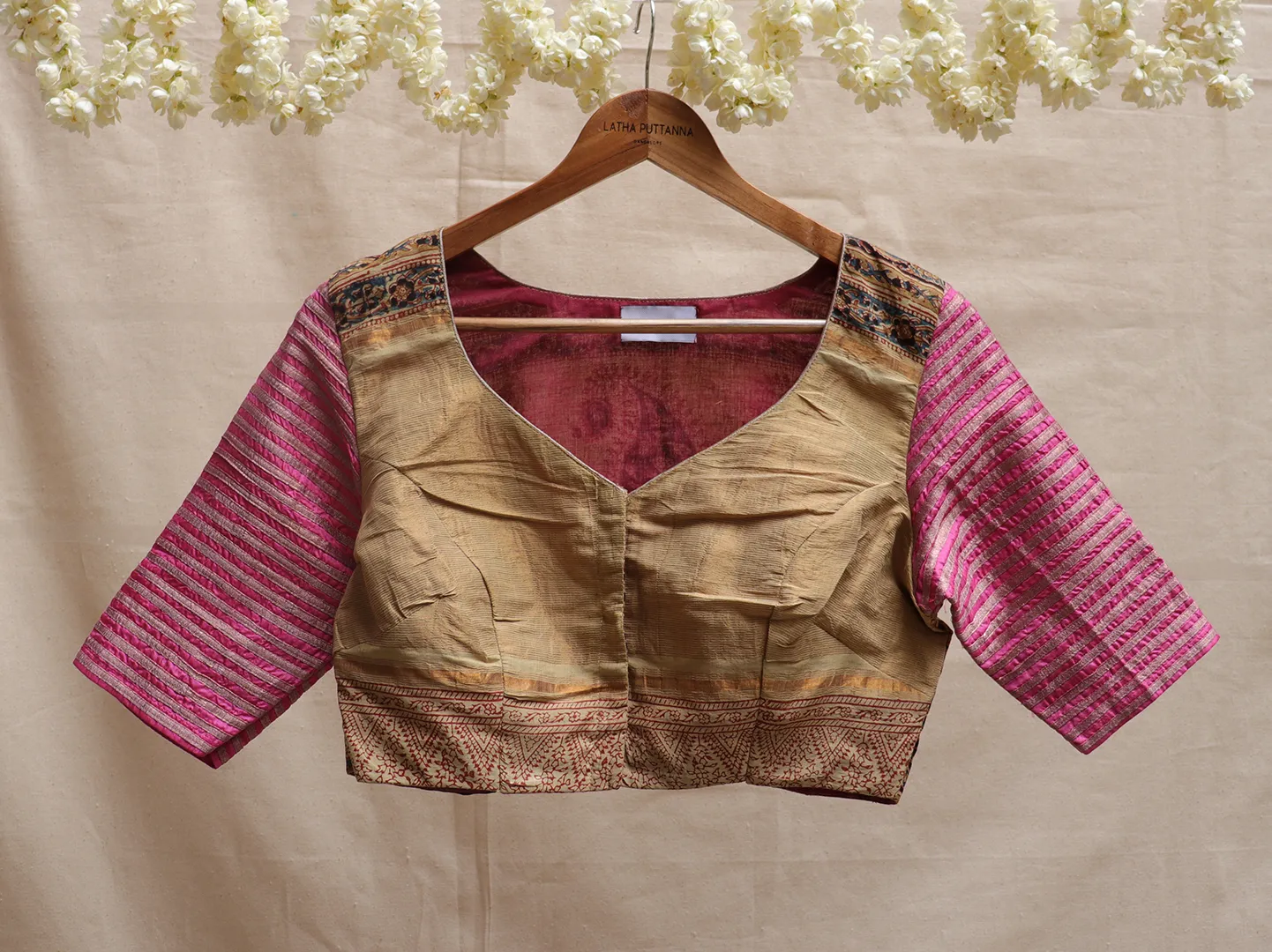 Cream and bubblegum pink, cotton, Kalamkari blouse