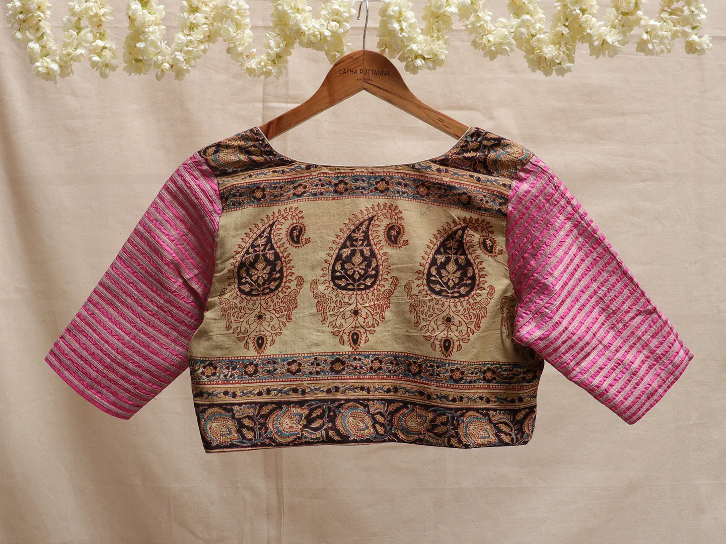 Cream and bubblegum pink, cotton, Kalamkari blouse