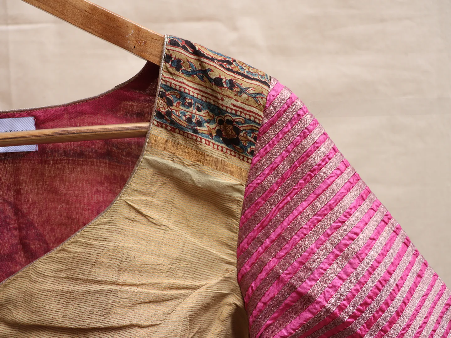 Cream and bubblegum pink, cotton, Kalamkari blouse