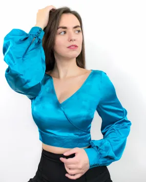 Dalia Blue Satin Crop Top with Balloon Sleeves