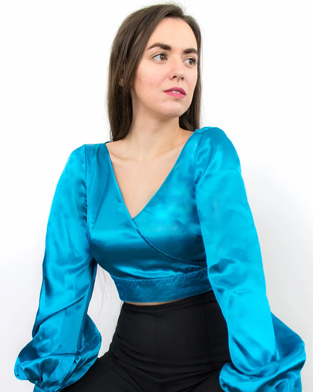 Dalia Blue Satin Crop Top with Balloon Sleeves