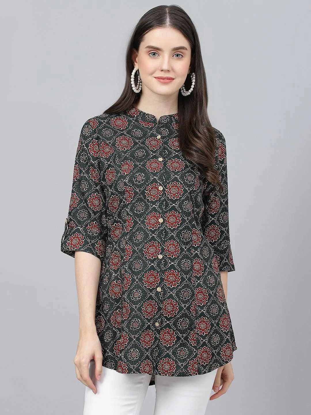 Divena Black Abstract printed Rayon A-line Shirts Style Top