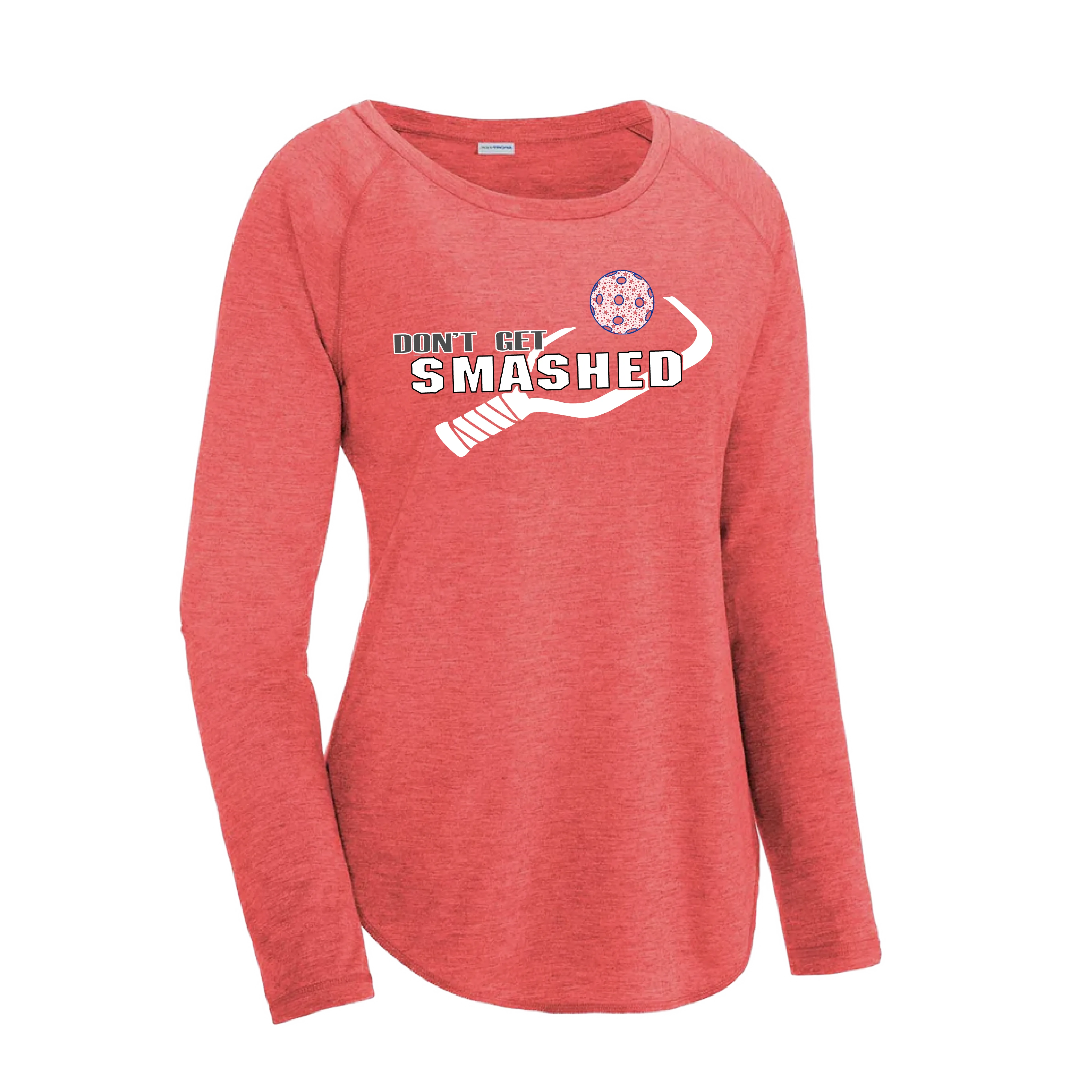 Don't Get Smashed (Pickleballs Patriotic Stars) | Women's Long Sleeve Scoop Neck Pickleball Shirts | 75/13/12 poly/cotton/rayon