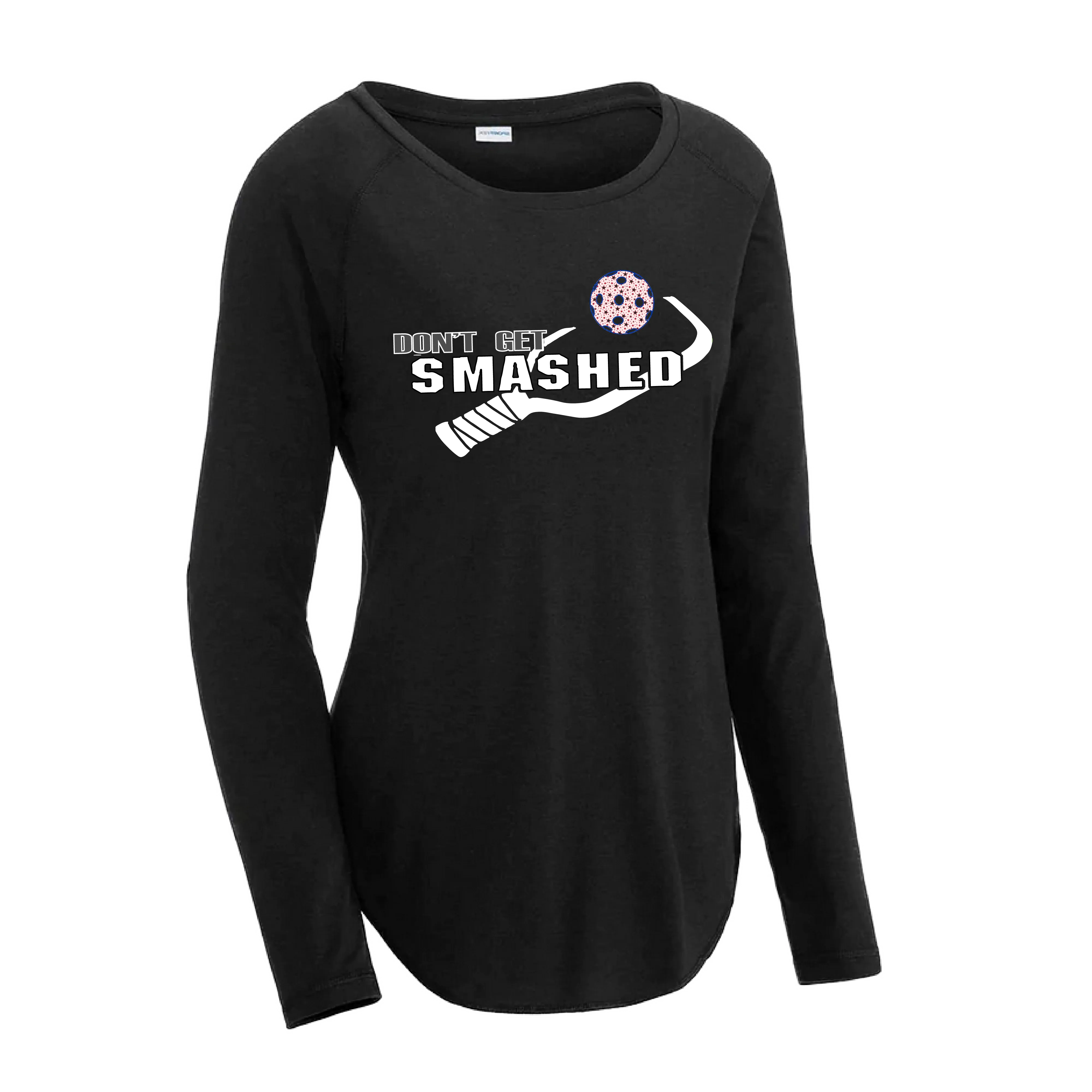 Don't Get Smashed (Pickleballs Patriotic Stars) | Women's Long Sleeve Scoop Neck Pickleball Shirts | 75/13/12 poly/cotton/rayon