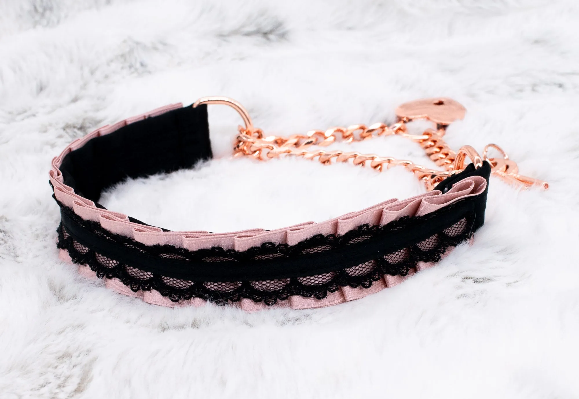 Dusty Rose and Black Lace Front-Locking Martingale BDSM Collar in Rose Gold