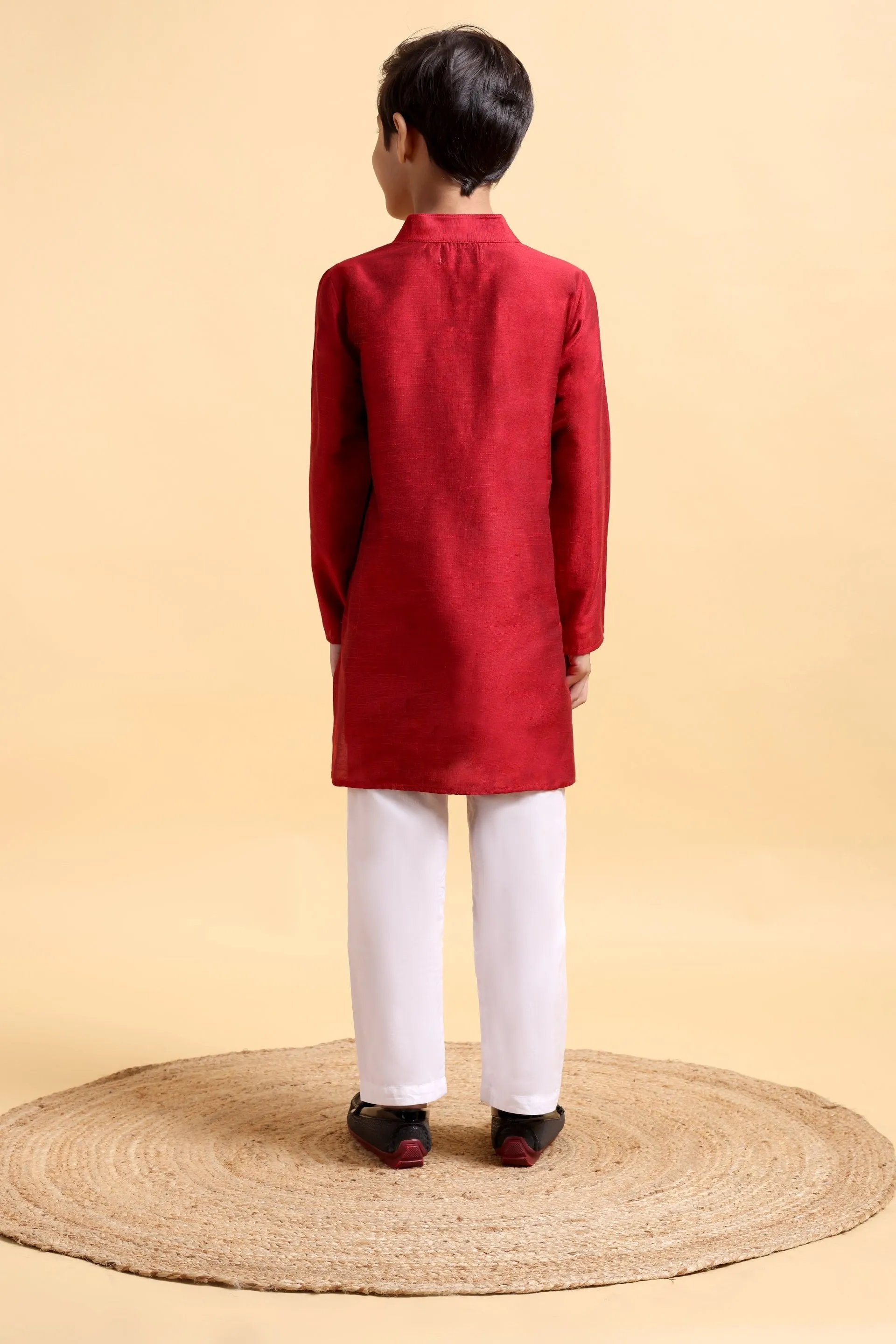 Elegant Deep Red Embroidered Cotton Silk Kurta & Pajama Set for Boys