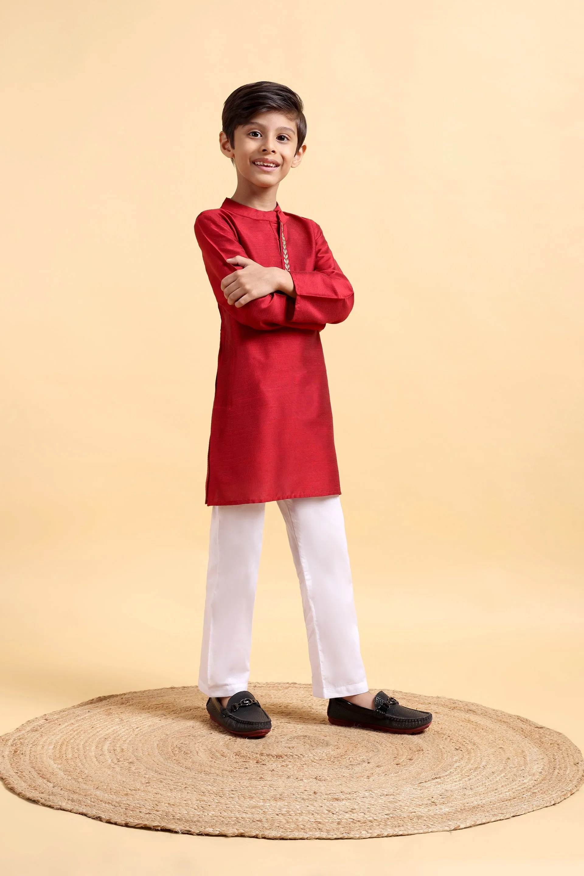 Elegant Deep Red Embroidered Cotton Silk Kurta & Pajama Set for Boys