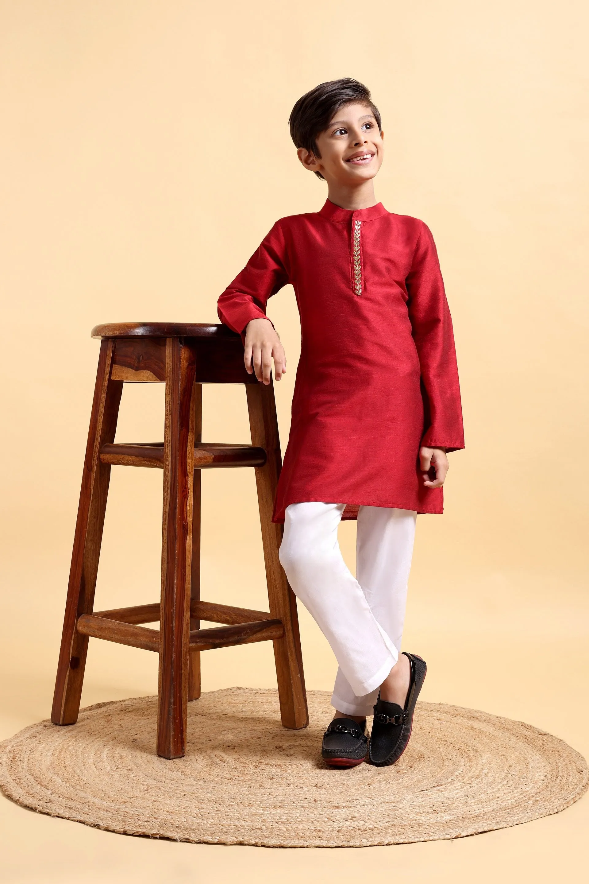 Elegant Deep Red Embroidered Cotton Silk Kurta & Pajama Set for Boys