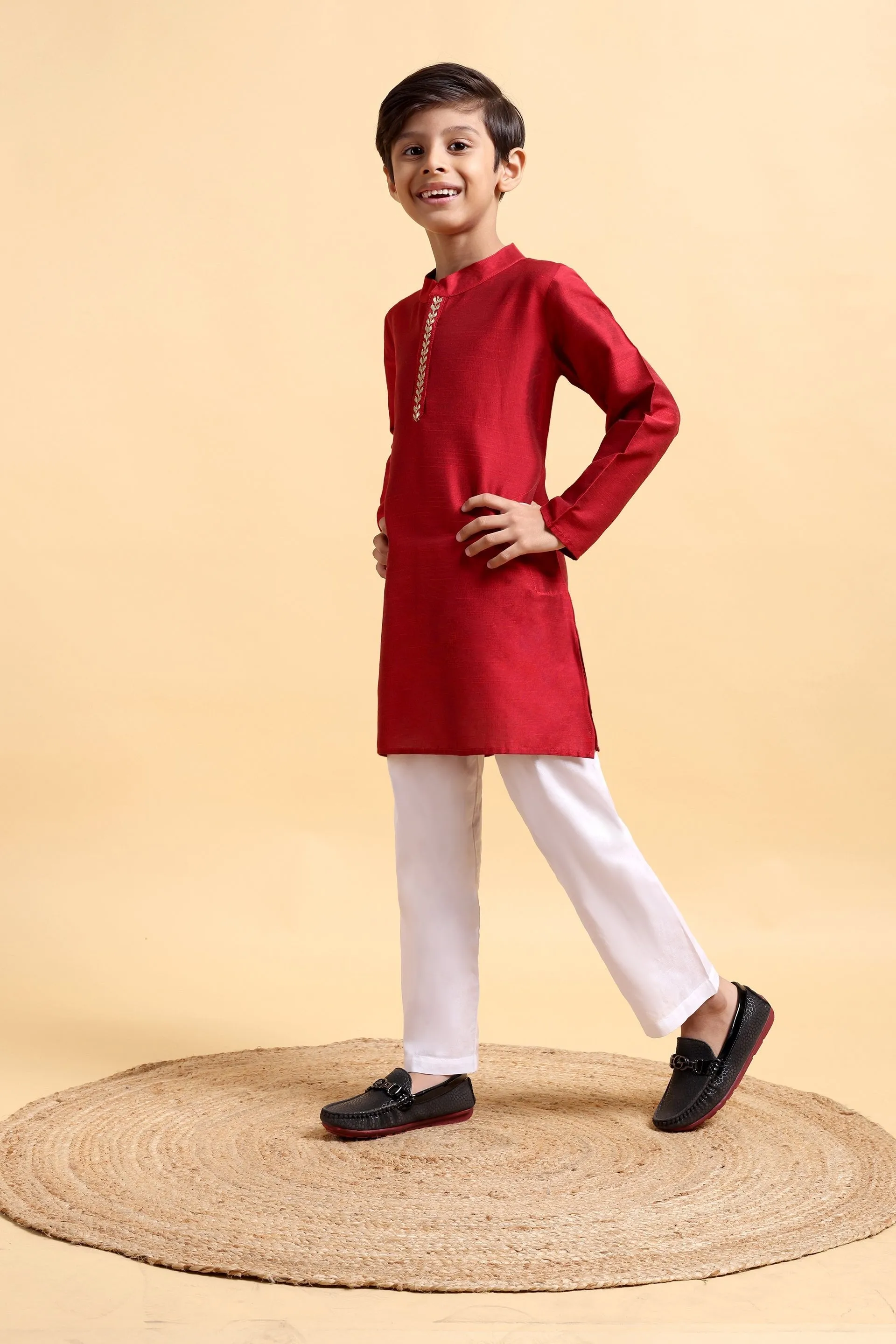 Elegant Deep Red Embroidered Cotton Silk Kurta & Pajama Set for Boys