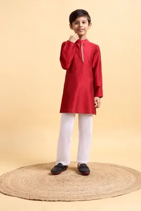 Elegant Deep Red Embroidered Cotton Silk Kurta & Pajama Set for Boys