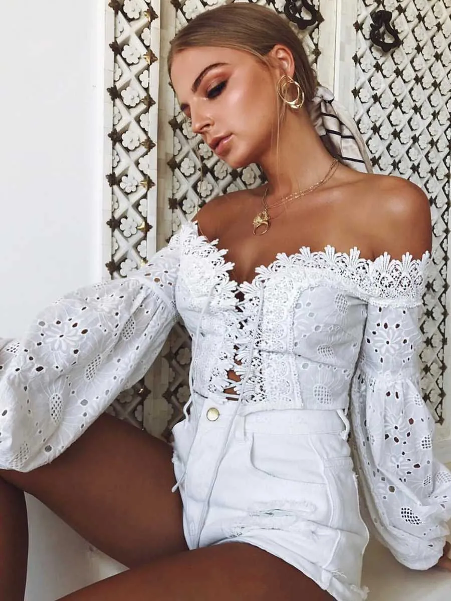 Eyelet Lace Crop Top Off Shoulder Puff Sleeve