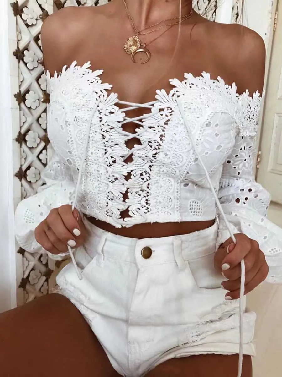 Eyelet Lace Crop Top Off Shoulder Puff Sleeve