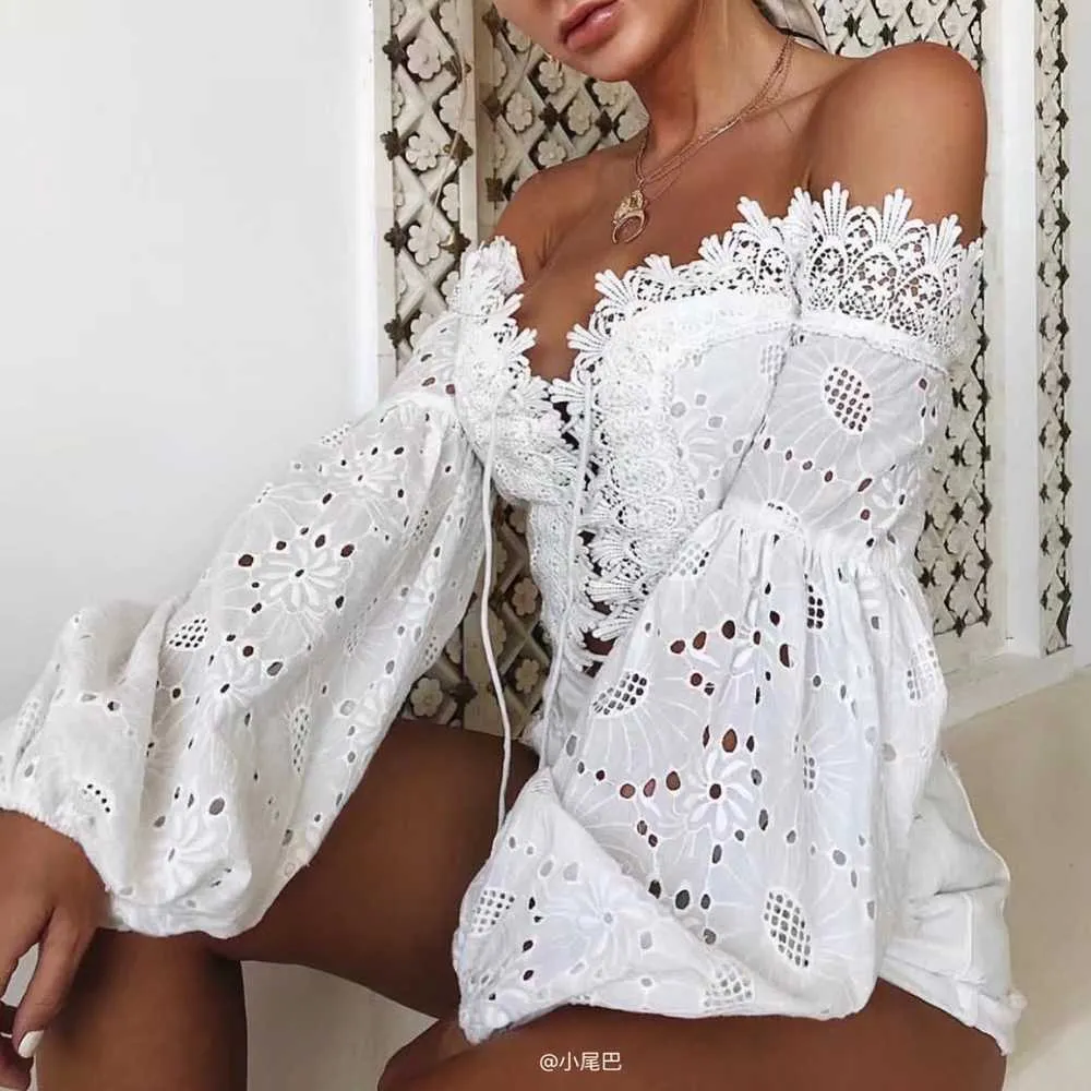 Eyelet Lace Crop Top Off Shoulder Puff Sleeve