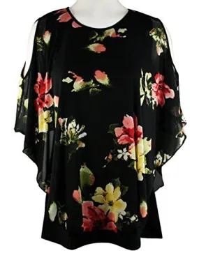 Fantazia Apparel Cold Shoulder Scoop Neck Sheer Cover Tunic Floral Black Print