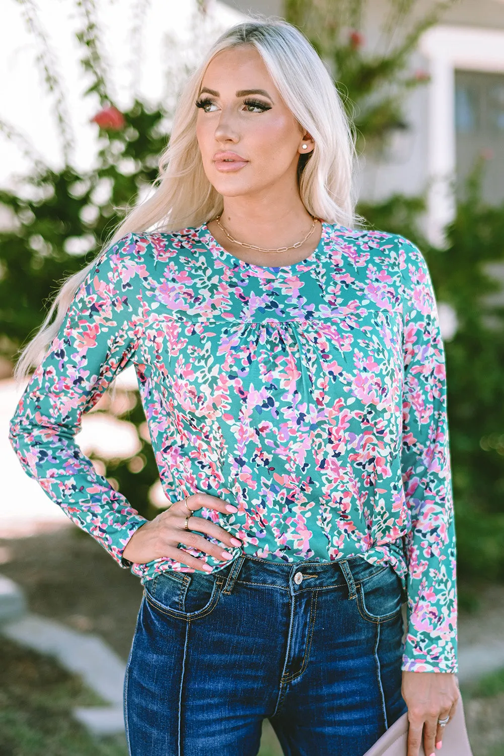 Floral Pleated Round Neck Long Sleeve Blouse