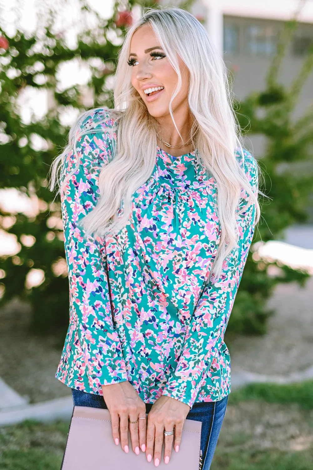 Floral Pleated Round Neck Long Sleeve Blouse