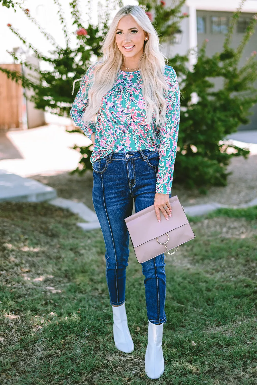 Floral Pleated Round Neck Long Sleeve Blouse