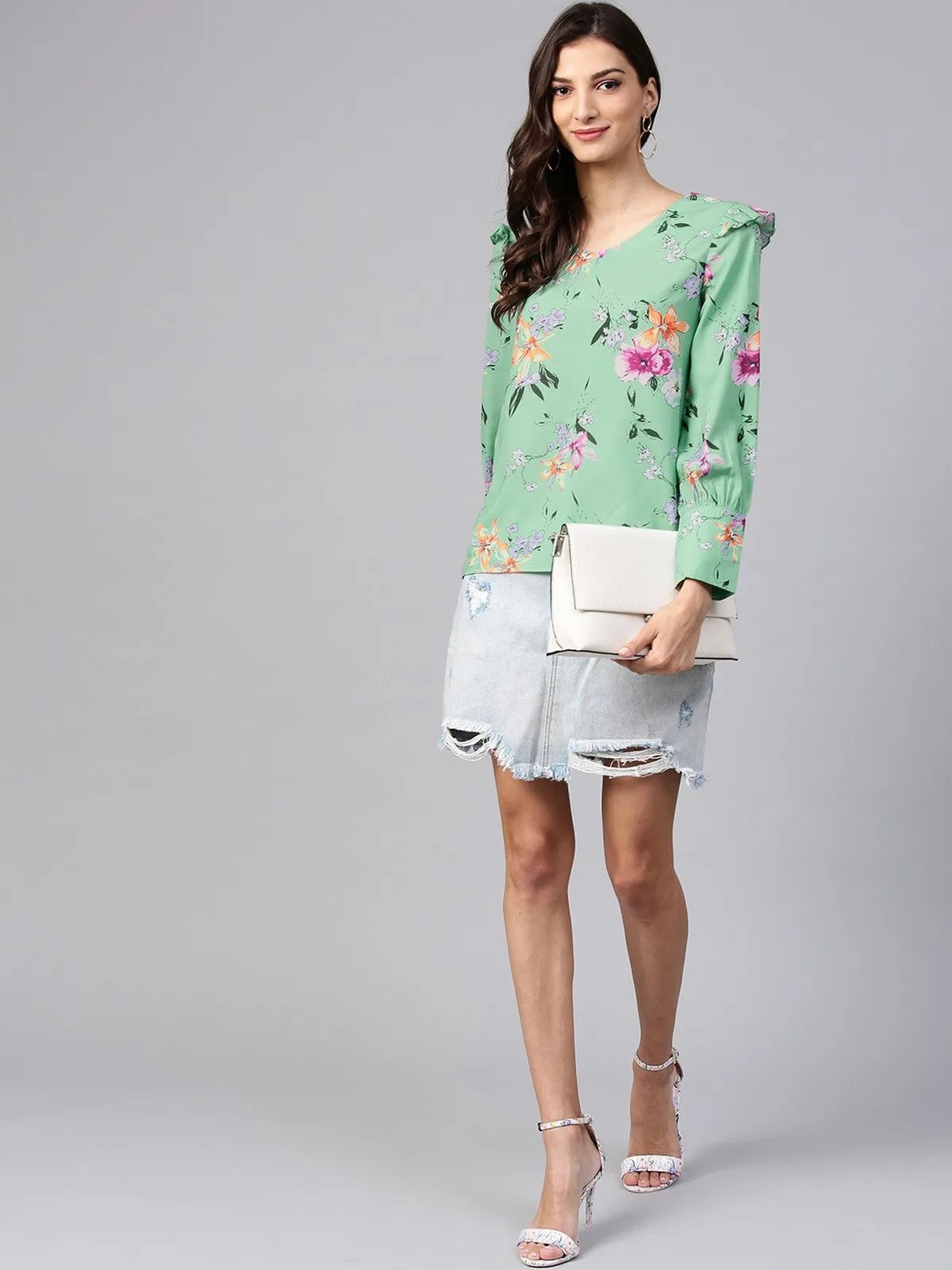 Green Floral Print Top With Shoulder Ruffles