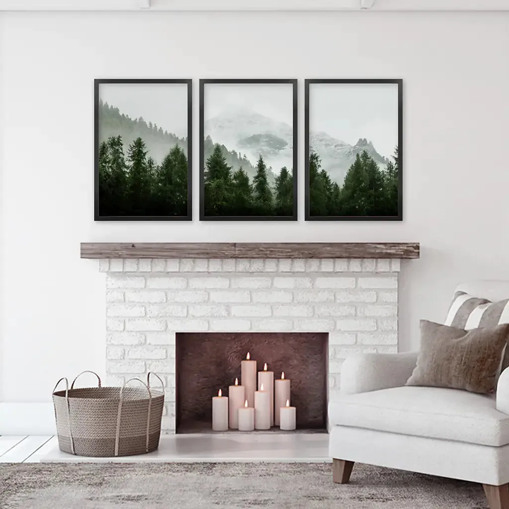 Green Mountain Forest 3 Piece Wall Art. Foggy Nordic Nature