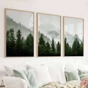 Green Mountain Forest 3 Piece Wall Art. Foggy Nordic Nature