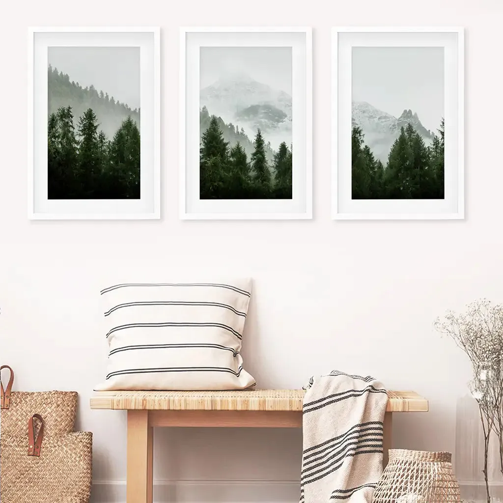 Green Mountain Forest 3 Piece Wall Art. Foggy Nordic Nature