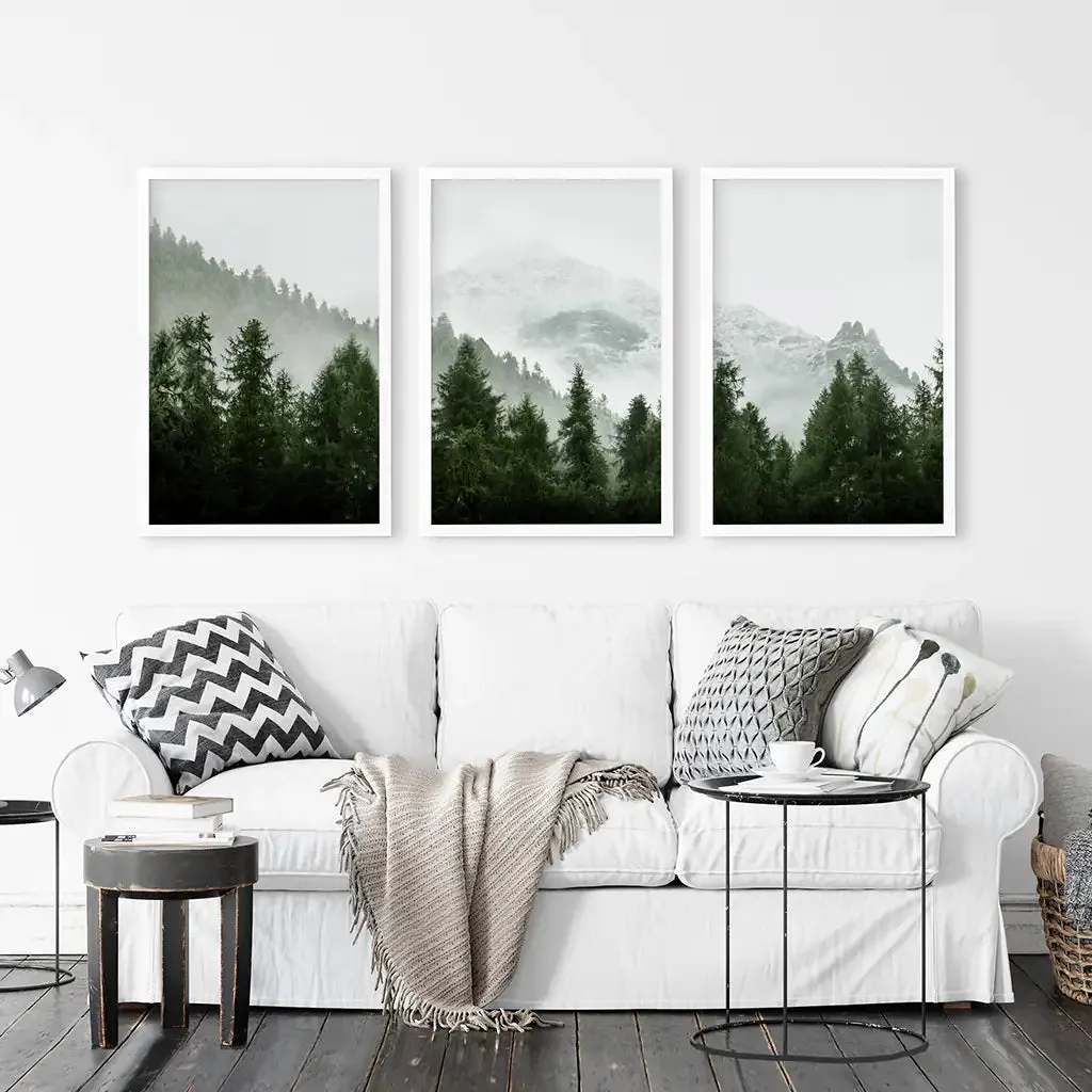 Green Mountain Forest 3 Piece Wall Art. Foggy Nordic Nature