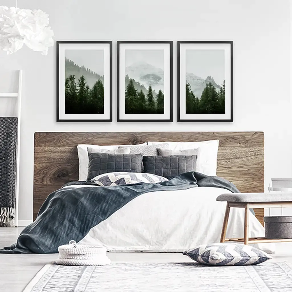 Green Mountain Forest 3 Piece Wall Art. Foggy Nordic Nature