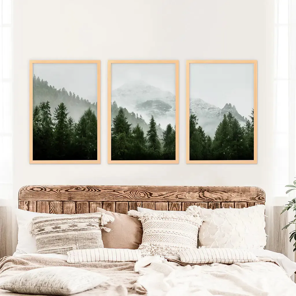 Green Mountain Forest 3 Piece Wall Art. Foggy Nordic Nature