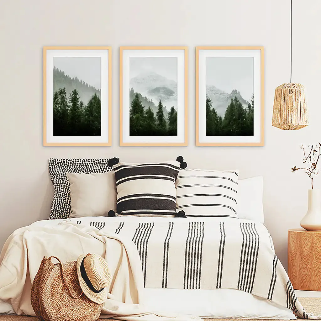 Green Mountain Forest 3 Piece Wall Art. Foggy Nordic Nature