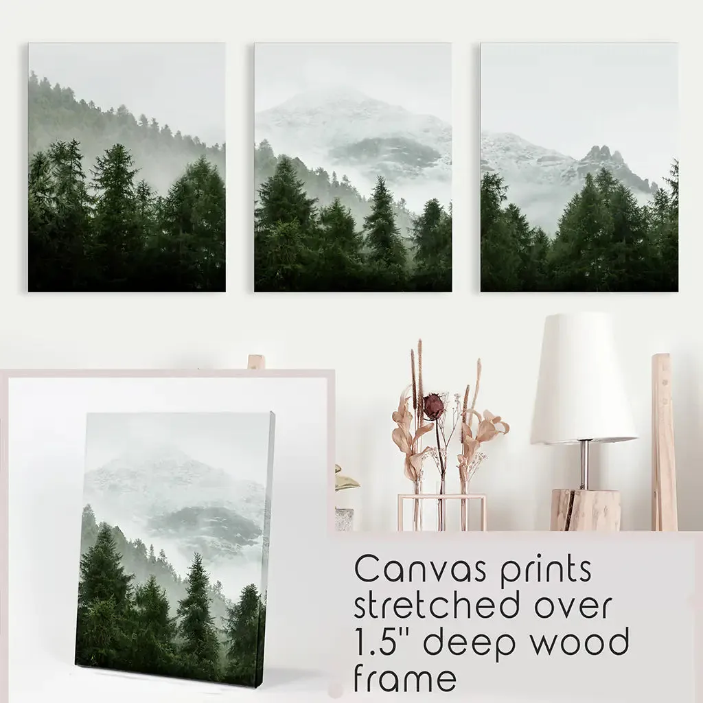 Green Mountain Forest 3 Piece Wall Art. Foggy Nordic Nature