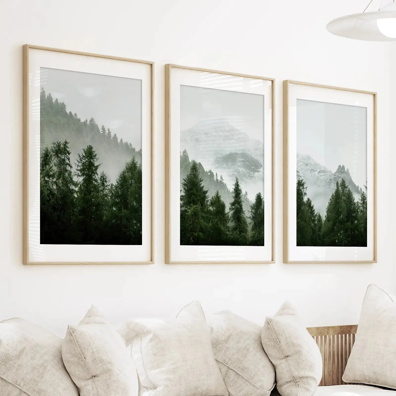 Green Mountain Forest 3 Piece Wall Art. Foggy Nordic Nature