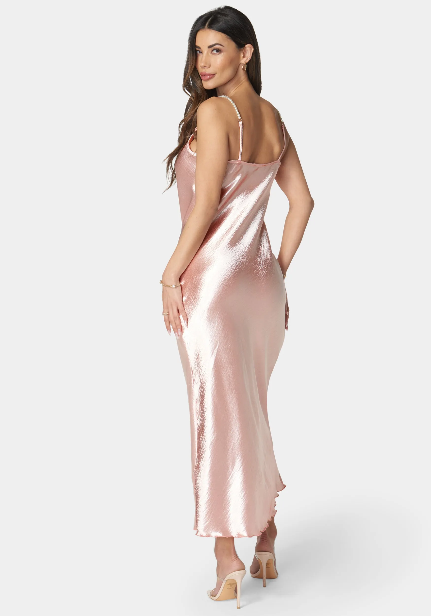 Hammered Satin Cowl Neck Pearl Strap Maxi Dress