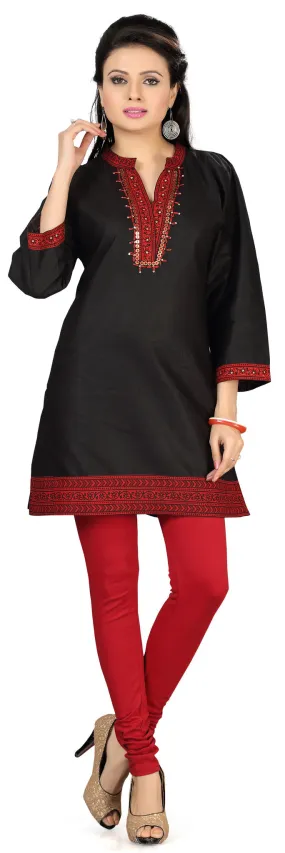 Indian Long Cotton Tunics Kurti Top Blouse Womens India Apparel (Black)