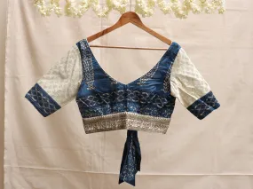 Indigo Dabu printed cotton and brocade, Hand embroidery blouse