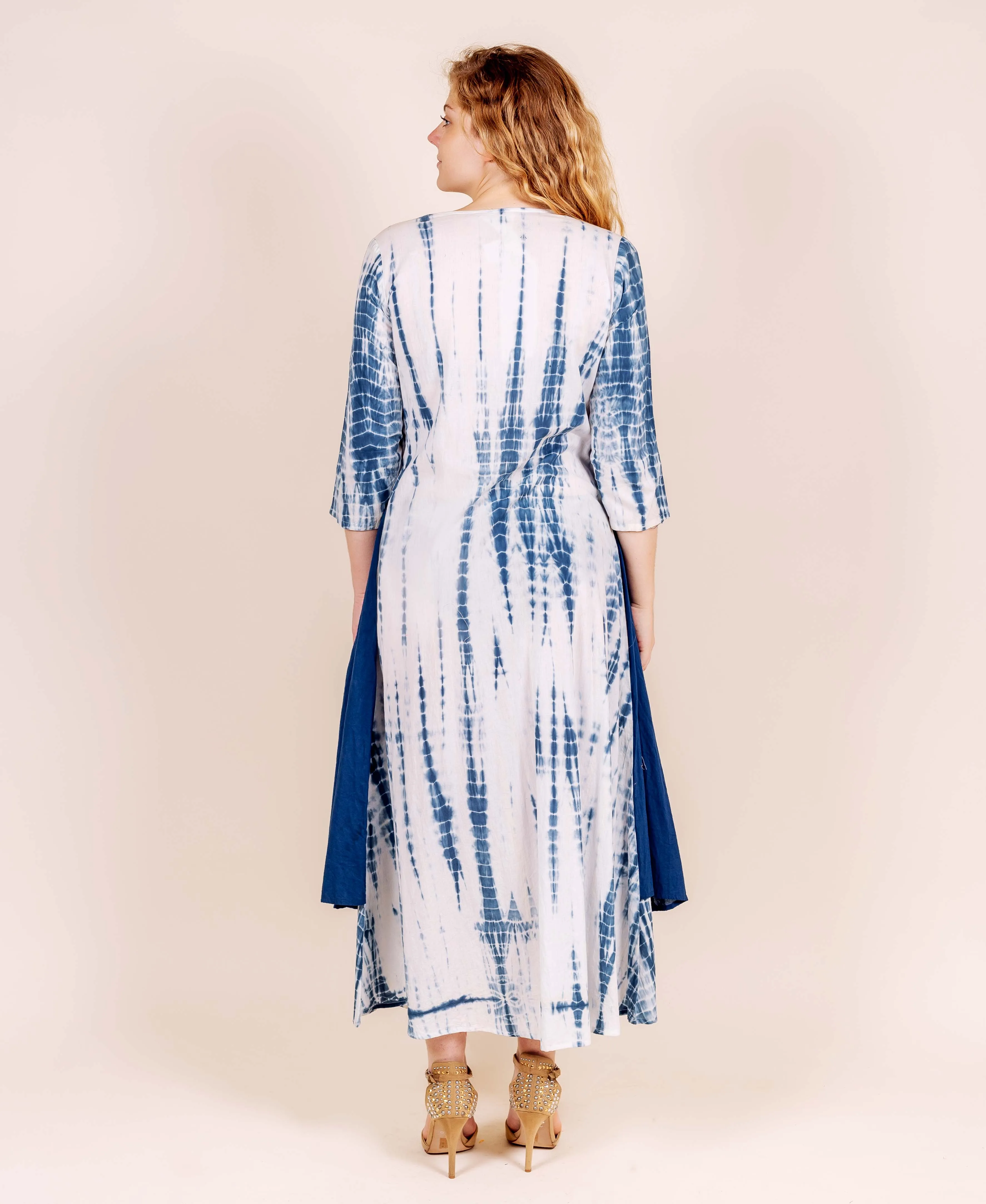 Indigo Tie and Dye Indo Western Gown with Attached Shrug